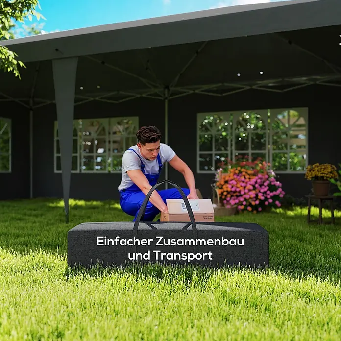 Outsunny Faltpavillon - Farbe Dach: Schwarz - Schwarze Tragetasche für ein Faltzelt mit der Aufschrift „Einfacher Zusammenbau und Transport“.