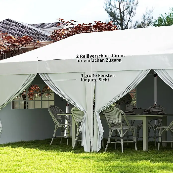 Outsunny Faltpavillon - Farbe Dach: Weiß - Weißes Partyzelt im Garten mit Reißverschlusstüren und großen Fenstern, bietet Schutz für Veranstaltungen im Freien.