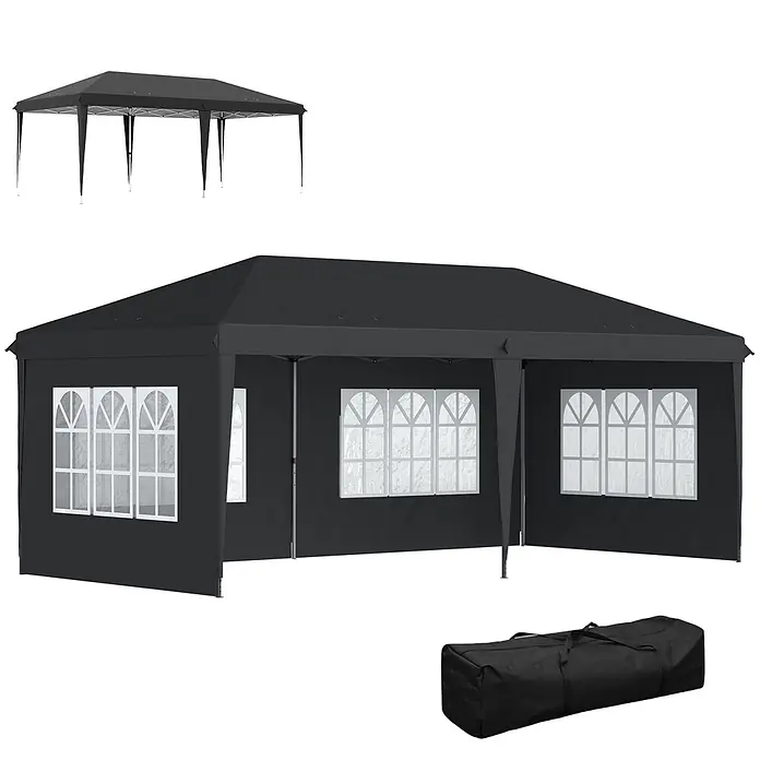 Outsunny Faltpavillon - Farbe Dach: Schwarz - Dunkelgraues Pop-up-Partyzelt mit Seitenwänden und Fenstern, Gestell und Tragetasche.