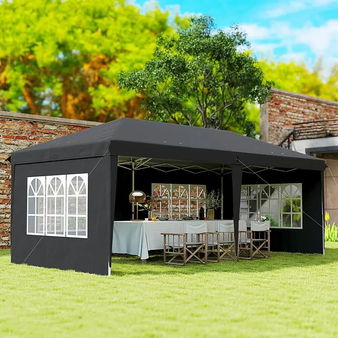 Outsunny Faltpavillon - Farbe Dach: Schwarz - Schwarzer Pavillon mit weißen Bogenfenstern für ein Outdoor-Event aufgebaut.