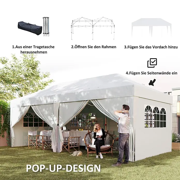 Outsunny Faltpavillon - Farbe Dach: Weiß - Weißes Pop-up-Zelt im Garten, das seinen einfachen Aufbau in vier Schritten und komfortable Nutzung zeigt.