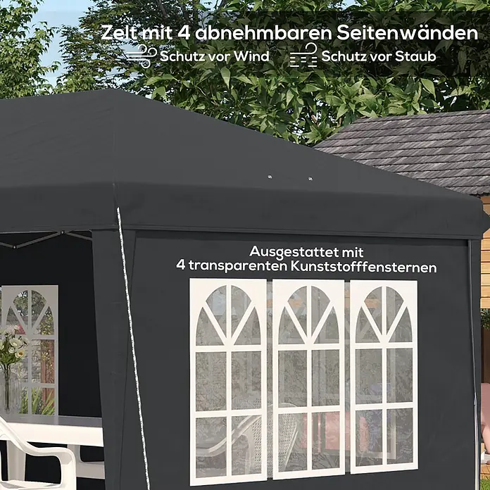 Outsunny Faltpavillon - Farbe Dach: Schwarz - Anthrazitfarbenes Partyzelt mit 4 abnehmbaren Seitenwänden, Wind-/Staubschutz und 4 transparenten Kunststofffenstern.