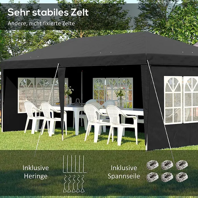 Outsunny Faltpavillon - Farbe Dach: Schwarz - Schwarzes Festzelt im Garten mit Tisch, Stühlen und inkludierten Heringen und Spannseilen für Stabilität.