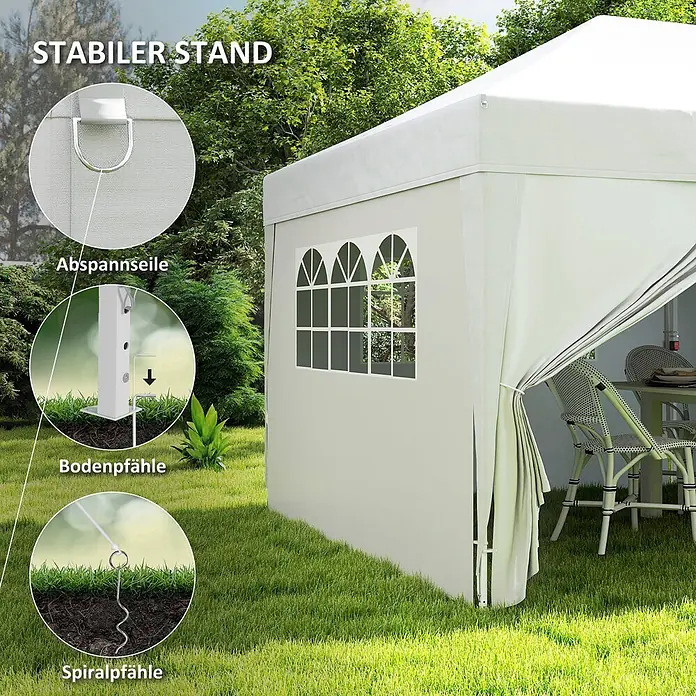 Outsunny Faltpavillon - Farbe Dach: Weiß - Ein helles Partyzelt mit Fenstern, mit Seilen, Bodenpfählen und Spiralankern im Boden befestigt.