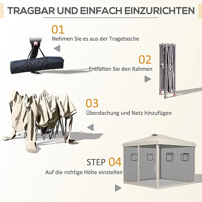 Outsunny Faltpavillon - B x T: 2,97 m x 300 cm, Farbe Dach: Beige - Anleitung zum Aufbau eines beigen, tragbaren Pavillons mit Moskitonetzen in vier Schritten.