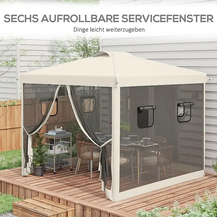 Outsunny Faltpavillon - B x T: 2,97 m x 300 cm, Farbe Dach: Beige - Beiges Pavillon mit sechs aufrollbaren Servicefenstern und Netzseiten, das einen Essbereich auf einer Holzterrasse schafft.