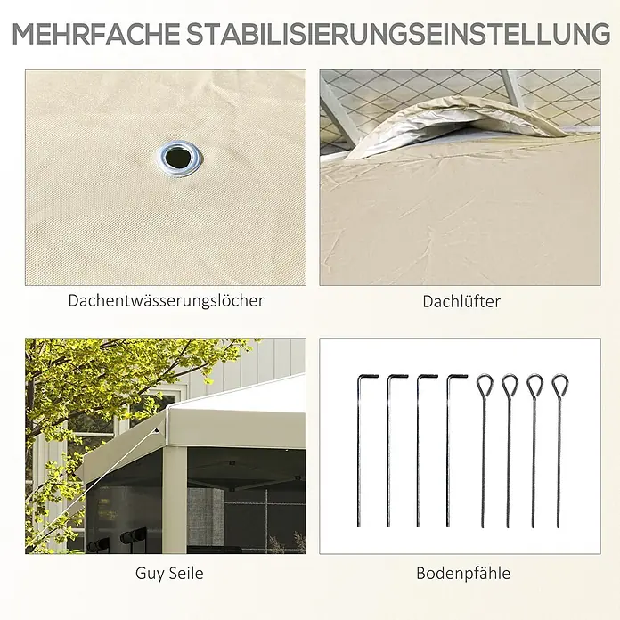 Outsunny Faltpavillon - B x T: 2,97 m x 300 cm, Farbe Dach: Beige - Beige Outdoor-Struktur mit Dachentwässerungslöchern, Dachlüfter, Abspannseilen und Bodenpfählen zur Stabilisierung.
