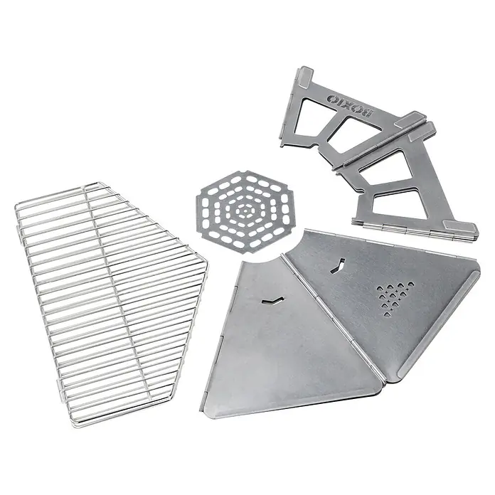 Boxio Feuerschale Fire - Edelstahl - Zerlegtes silbernes Metall-BOXIO Campingkocher/Grill-Set: Rost, sechseckiger Boden und flache Paneele.
