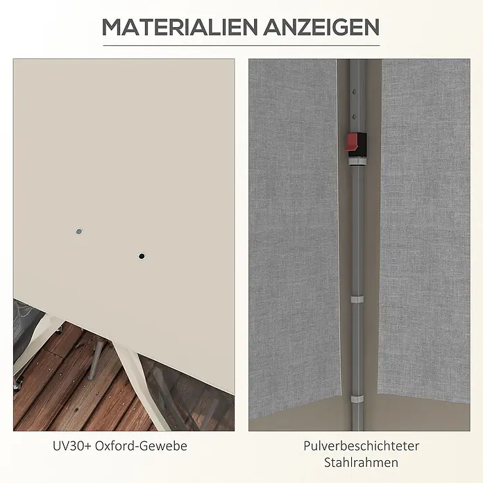 Outsunny Faltpavillon - B x T: 2,97 m x 300 cm, Farbe Dach: Beige - Nahaufnahme von beigem UV30+ Oxford-Gewebe und grauem pulverbeschichtetem Stahlrahmen, Detail der Materialien eines Outdoor-Pavillons.