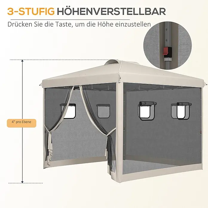 Outsunny Faltpavillon - B x T: 2,97 m x 300 cm, Farbe Dach: Beige - Beiges Pavillon mit Netzseitenwänden, 3-fach höhenverstellbar.