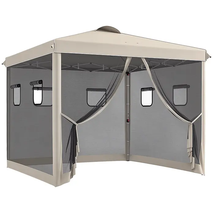 Outsunny Faltpavillon - B x T: 2,97 m x 300 cm, Farbe Dach: Beige - Ein beiges Pop-up-Pavillon mit dunklen Netzwänden, mit Raffung am Eingang und kleinen aufrollbaren Fenstern.