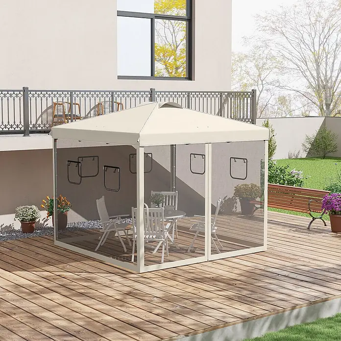 Outsunny Faltpavillon - B x T: 2,97 m x 300 cm, Farbe Dach: Beige - Beiges Outdoor-Pavillon mit Netzwänden, das einen Essbereich auf einer Holzterrasse beschattet.