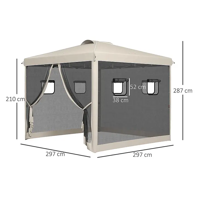Outsunny Faltpavillon - B x T: 2,97 m x 300 cm, Farbe Dach: Beige - Beiges Gartenpavillon mit dunklen Netzwänden, 297x297x287 cm groß.