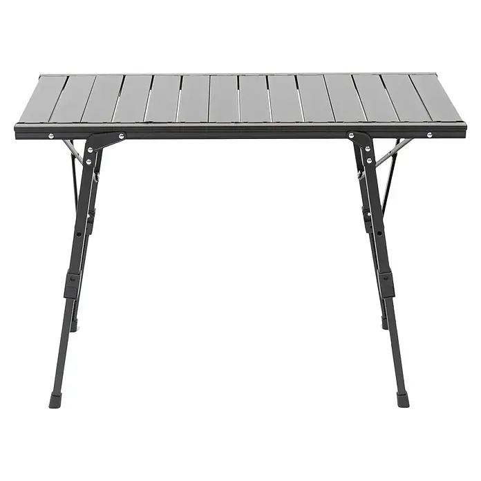 Boxio Campingtisch - L x B x H: 90 x 21 x 11,5 cm, Aluminium - Tragbarer silberner Klapptisch mit Lamellenplatte und schwarzen verstellbaren Beinen.