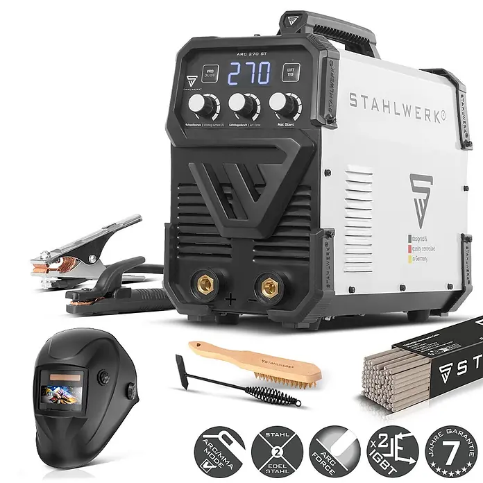 STAHLWERK Elektrodenschweißgerät ARC 270 ST DC Vollausstattung - Schweißstrom: 270 A, 400 V - Weiß-schwarzes Schweißgerät mit Digitalanzeige, Schweißhelm, Elektroden und Zubehör.