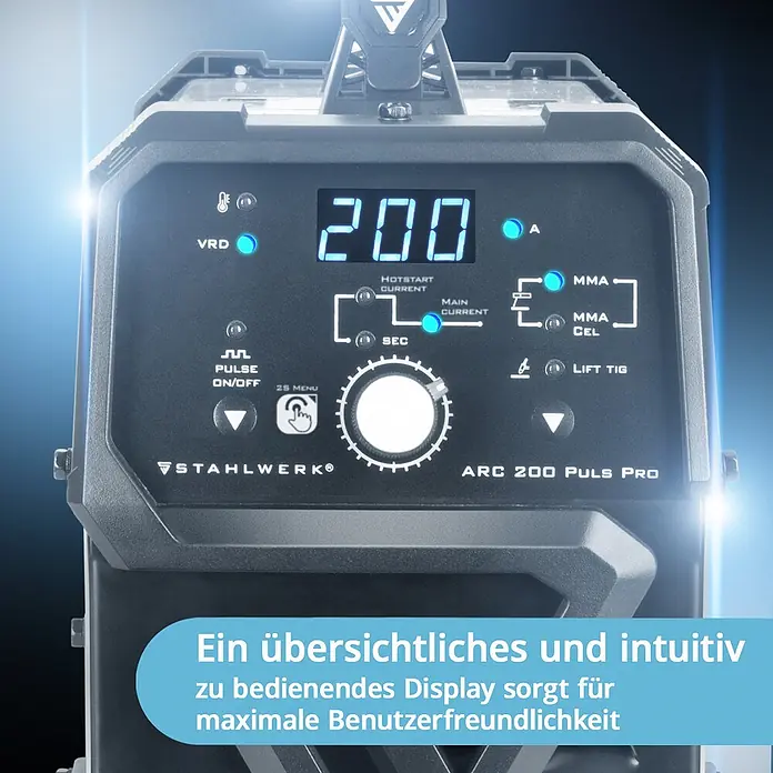 STAHLWERK Elektrodenschweißgerät ARC 200 Puls Pro Vollausstattung -  - Dunkelgraues Schweißgerät-Bedienfeld mit blauem Digitaldisplay (Anzeige "200"), Modus-Anzeigen (MMA, TIG) und Einstellknopf.
