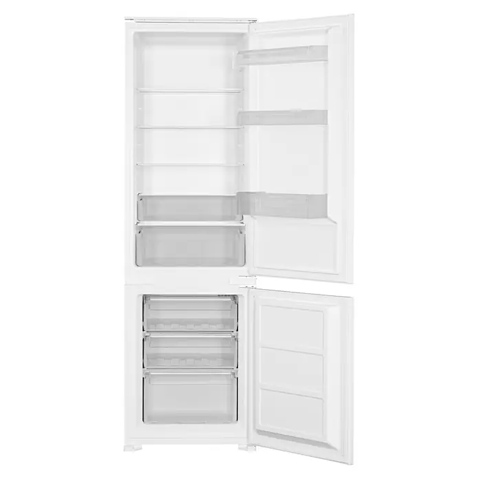 Respekta Merle Winkelküche - B x L: 370 x 175 cm, Weiß, Mit Elektrogeräten - Offener weißer Kühlschrank mit leeren transparenten Einlegeböden und Gefrierschubladen.
