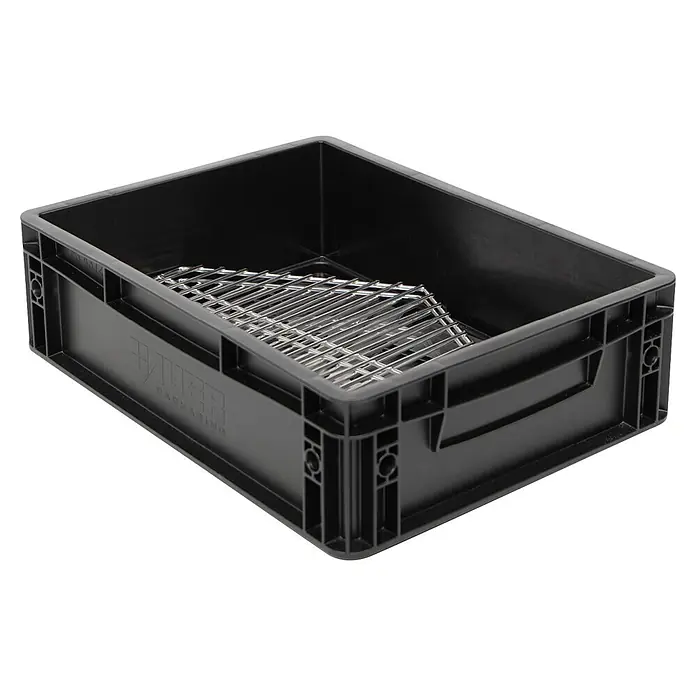 Boxio Feuerschale Fire - Edelstahl - Schwarze Kunststoffkiste mit Edelstahlgittereinsatz, ideal zur Organisation oder Entwässerung.