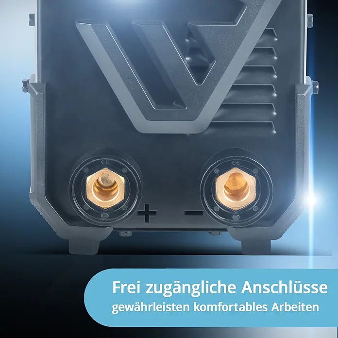 STAHLWERK Elektrodenschweißgerät ARC 200 Puls Pro Vollausstattung -  - Dunkelgraues Gerät mit frei zugänglichen messingfarbenen Sechskantanschlüssen, markiert mit Plus und Minus.