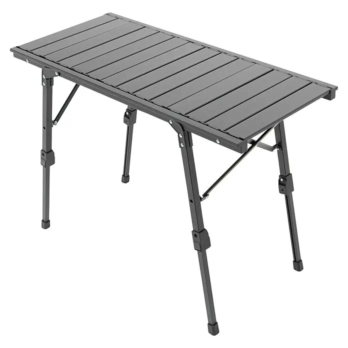 Boxio Campingtisch - L x B x H: 90 x 21 x 11,5 cm, Aluminium - Dunkelgrauer, klappbarer Aluminiumtisch mit Lamellenplatte und verstellbaren Beinen.