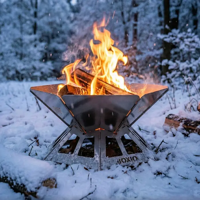 Boxio Feuerschale Fire - Edelstahl - Tragbare, glänzende Metall-Feuerschale mit brennendem Holz im verschneiten Wald. Zeigt 'BOXIO'-Logo.