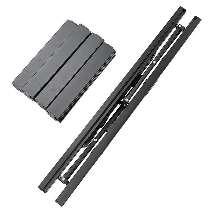 Boxio Campingtisch - L x B x H: 90 x 21 x 11,5 cm, Aluminium - Dunkelgraue/schwarze Aluminium-Klapptischkomponenten: Tischplatte (Lamellen) und zusammengeklapptes Bein-Gestell, zerlegt für Transport.