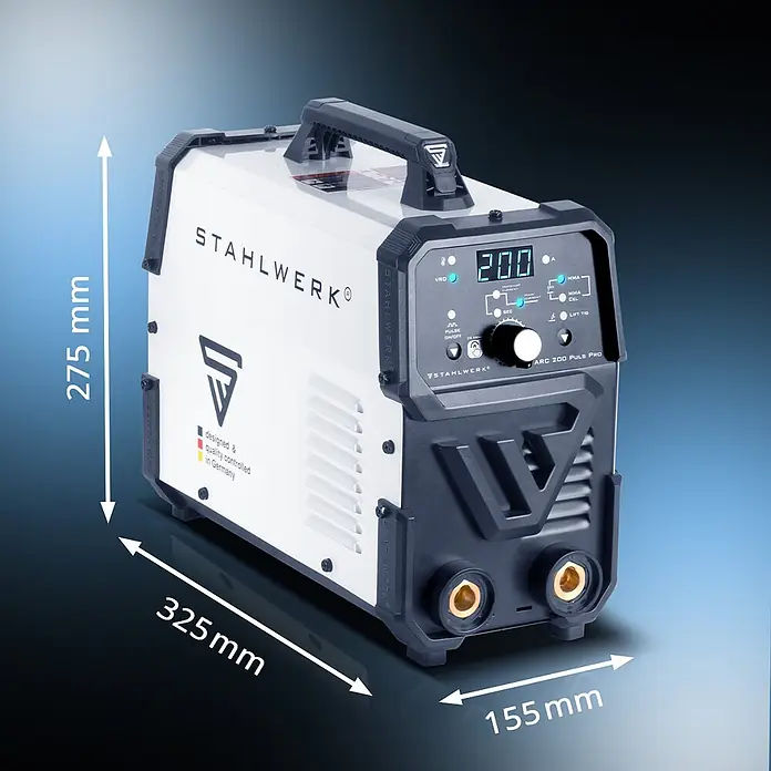 STAHLWERK Elektrodenschweißgerät ARC 200 Puls Pro Vollausstattung -  - Weiß-dunkelgraues STAHLWERK ARC 200 PULS PRO Inverter-Schweißgerät mit Griff. Maße: 275x325x155 mm.