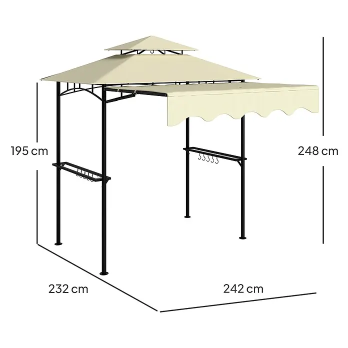 Outsunny Grillpavillon - Farbe Gestell: Schwarz, Metall - Cremefarbener Grillpavillon mit zweistufigem Dach, schwarzem Metallrahmen, Seitenablagen und Haken, Basis 232x242 cm, Höhe 195/248 cm.