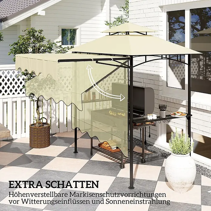 Outsunny Grillpavillon - Farbe Gestell: Schwarz, Metall - Cremefarbener Grillpavillon mit schwarzem Gestell und verstellbaren Seitenwänden für Wetterschutz und Schatten.