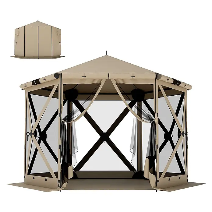 Outsunny Faltpavillon - Farbe Dach: Khaki - Beiges sechseckiges Pop-up-Pavillon mit schwarzen Netzseiten, erweitert und zusammengeklappt dargestellt.