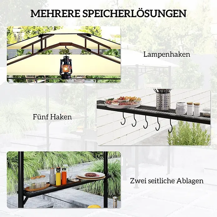 Outsunny Grillpavillon - Farbe Gestell: Schwarz, Metall - Verschiedene schwarze Metall-Aufbewahrungslösungen für eine Outdoor-Struktur: Lampenhaken, fünf Haken und zwei Seitenablagen für Speisen und Getränke.
