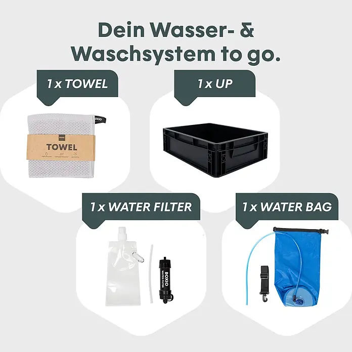 Boxio Eurobox Wash Up - L x B x H: 40 x 30 x 12 cm, Kunststoff - Ein tragbares Wasser- und Waschsystem mit grauem Handtuch, schwarzer Kiste, Wasserfilter-Set (Beutel, Schlauch, Filter) und blauer Wassertasche mit Schlauch.