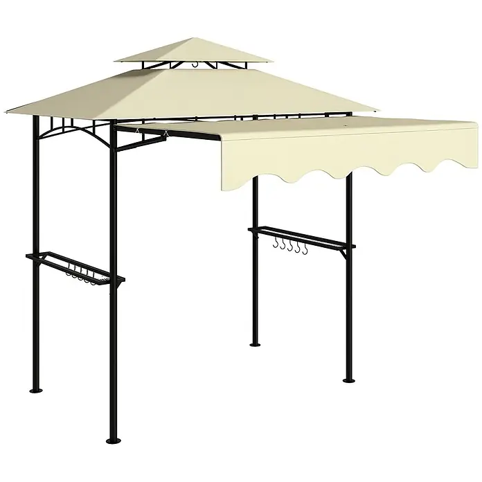 Outsunny Grillpavillon - Farbe Gestell: Schwarz, Metall - Cremefarbener Pavillon mit doppeltem Dach und schwarzem Metallrahmen, ausgestattet mit seitlichen Ablagen und Haken für Grillzubehör.