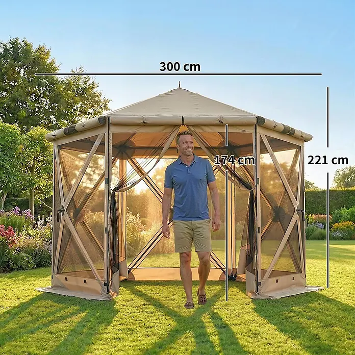 Outsunny Faltpavillon - Farbe Dach: Khaki - Beiges Pop-up-Pavillon mit Netzseiten im Garten. Mann zeigt 174 cm Eingangshöhe; 300 cm breit, 221 cm hoch.