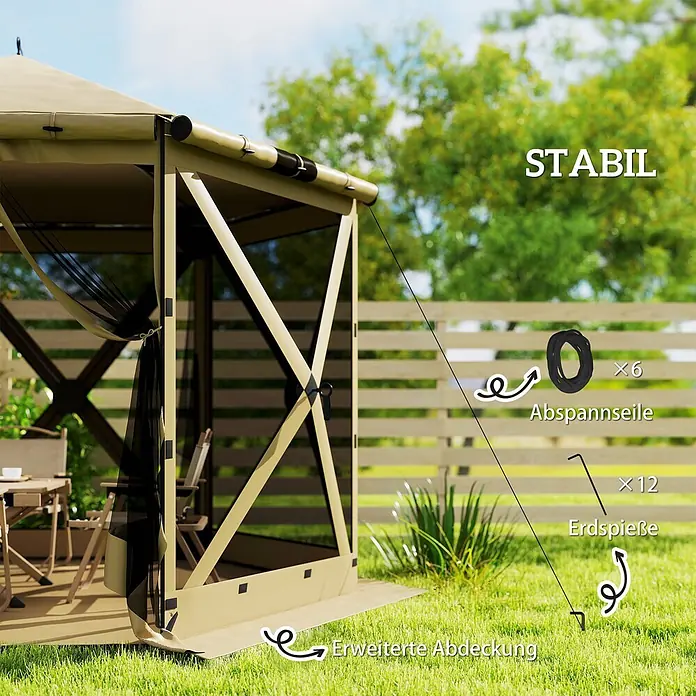 Outsunny Faltpavillon - Farbe Dach: Khaki - Beiges Outdoor-Pavillon im Garten, das seine stabile Struktur mit Abspannseilen, Erdspießen und erweiterter Abdeckung zeigt.
