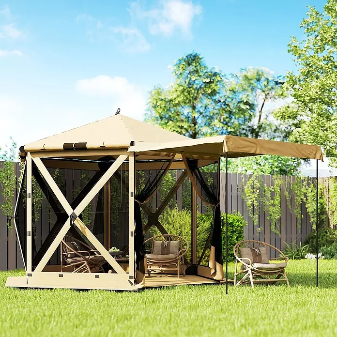 Outsunny Faltpavillon - Farbe Dach: Khaki - Beiges Außenzelt mit schwarzen Netzseiten und ausziehbarer Markise, mit Korbstühlen auf Holzdeck.