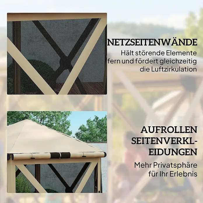 Outsunny Faltpavillon - Farbe Dach: Khaki - Beigefarbenes Gartenpavillon mit Netzseitenwänden für Luftzirkulation und aufrollbaren Seitenverkleidungen für mehr Privatsphäre.