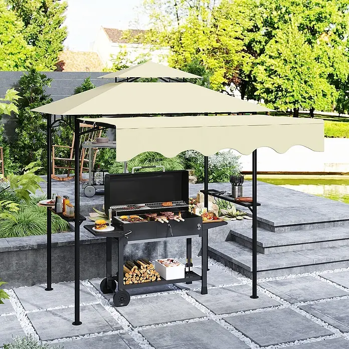 Outsunny Grillpavillon - Farbe Gestell: Schwarz, Metall - Schwarzgerahmter Grillpavillon mit beigem zweistufigem Dach, schützt Grill und Kochbereich im Garten.