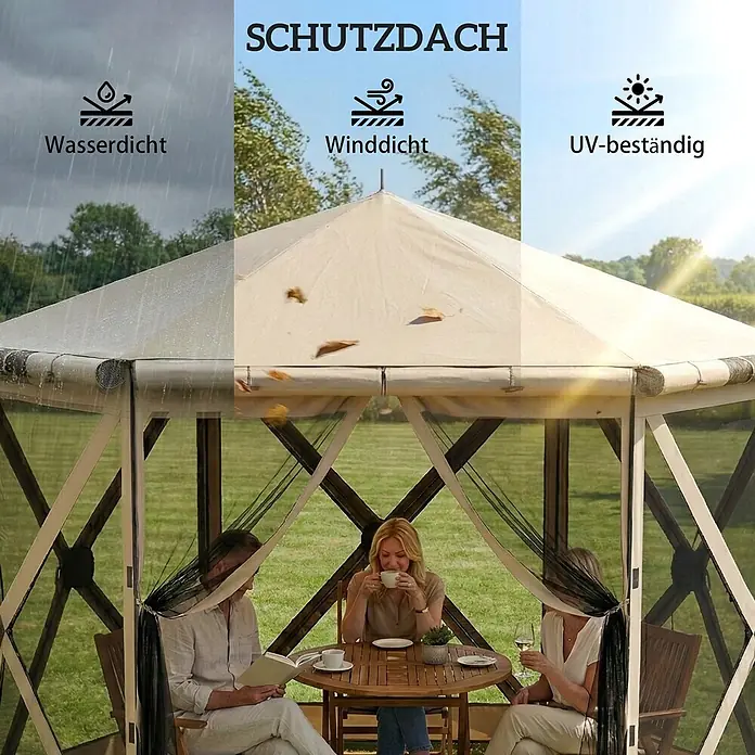 Outsunny Faltpavillon - Farbe Dach: Khaki - Beiges Gartenzelt bietet wasserdichten, winddichten und UV-beständigen Schutz. Menschen entspannen darin.
