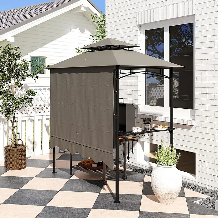 Outsunny Grillpavillon - Farbe Gestell: Grau, Metall - Dunkelgrauer Grillpavillon mit schwarzem Metallrahmen, der einen Grill und Zubehör auf einer Terrasse schützt.