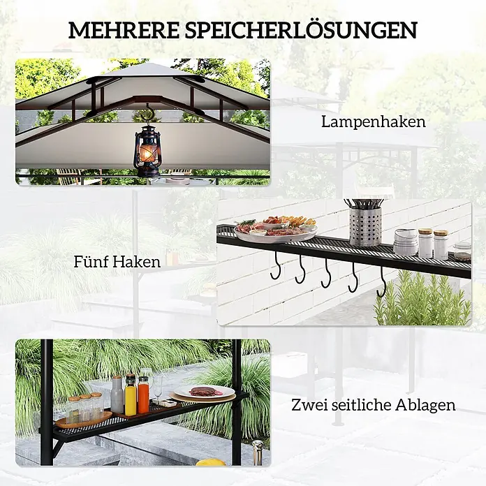 Outsunny Grillpavillon - Farbe Gestell: Grau, Metall - Verschiedene integrierte Aufbewahrungsmöglichkeiten an einem Outdoor-Pavillon: ein Lampenhaken, ein Regal mit fünf Haken und zwei Seitenablagen.