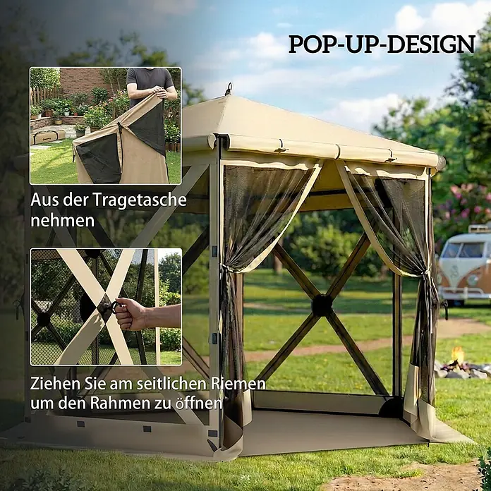 Outsunny Faltpavillon - Farbe Dach: Khaki - Beigefarbener Pop-Up-Pavillon mit Moskitonetz, aufgebaut im Garten, mit Anleitung zum einfachen Aufbau.