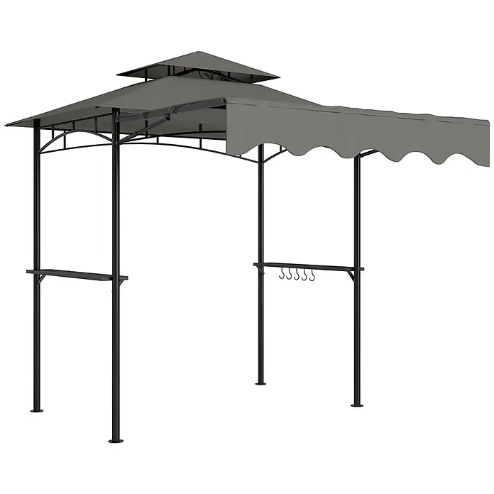 Outsunny Grillpavillon - Farbe Gestell: Grau, Metall - Grauer zweistufiger Grillpavillon mit schwarzem Metallrahmen, Seitenablagen und Utensilienhaken.
