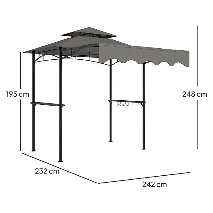Outsunny Grillpavillon - Farbe Gestell: Grau, Metall - Grauer Grillpavillon mit schwarzem Metallrahmen, Seitenablagen und Haken, ideal zum Grillen.