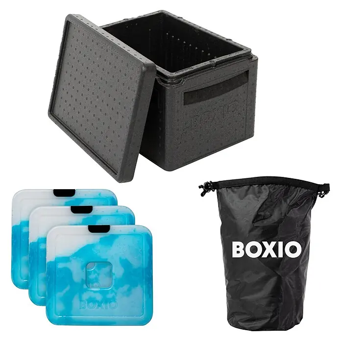 Boxio Kühlbox Cool Plus - Schwarz, 16 l, 3 -tlg. - Dunkelgraue Isolierbox mit offenem Deckel, drei blauen Kühlakkus und schwarzem Zugbeutel mit "BOXIO"-Logo.