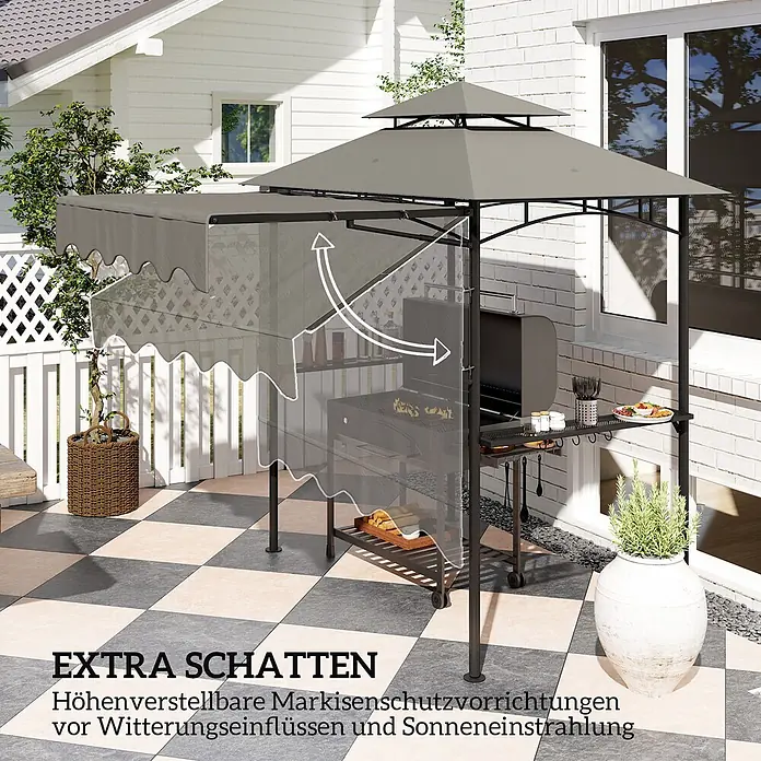 Outsunny Grillpavillon - Farbe Gestell: Grau, Metall - Grauer Pavillon-Grillunterstand mit verstellbaren Seitenmarkisen für Schatten und Wetterschutz.