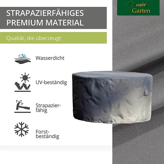 Mehr Garten Gartentisch-Schutzhülle - Grau - Graue, runde Abdeckhaube aus strapazierfähigem Material, wasserdicht, UV- und frostbeständig.