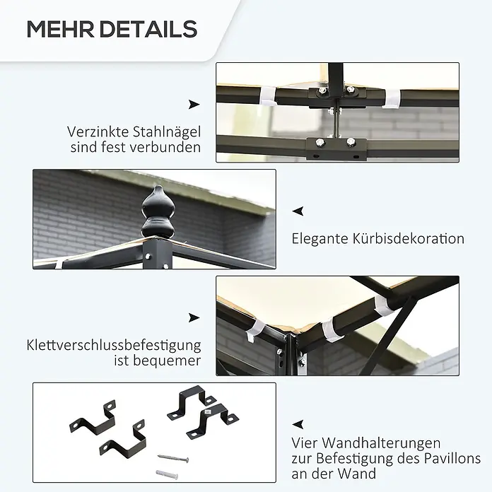 Outsunny Pergola - Farbe Gestell: Schwarz, Metall - Detaillierte Ansicht eines Pavillons: verzinkte Stahlrahmenverbindungen, Klettverschlüsse für Stoff, dekorative Spitze und Wandhalterungen.