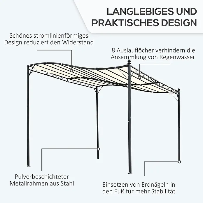 Outsunny Pergola - Farbe Gestell: Schwarz, Metall - Schwarze Stahlpergola mit cremefarbenem Stoffdach, pulverbeschichtet und stabilisierbar, für Outdoor-Schutz.