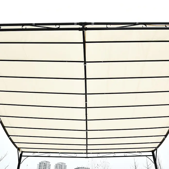 Outsunny Pergola - Farbe Gestell: Schwarz, Metall - Unterseite eines ausziehbaren Pergola-Daches mit cremefarbenen Stoffbahnen und schwarzem Metallrahmen.